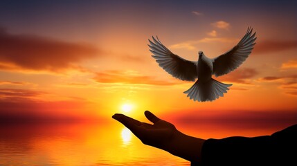 Silhouette of one helping hand desire to pacification sign shape and dove flying on sunset sky for freedom concept and international day of peace .