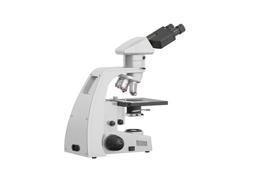 Realistic 3d illustration of a microscope. Pharmaceutical and educational tool. A magnifying tool for research. A symbol of science and chemistry. Isolated on white background