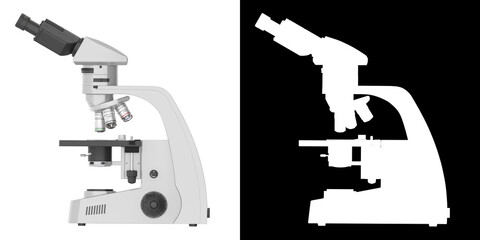 Realistic 3d illustration of a microscope. Pharmaceutical and educational tool. A magnifying tool for research. Orthogonal view on the right. RGB+Alpha channel