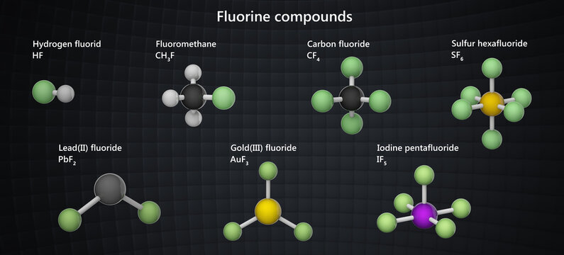 Various fluorine (F) compounds: hydrogen fluoride, fluoromethane, carbon fluoride, sulfur hexafluoride, lead fluoride, gold fluoride, iodine pentafluoride. 3d illustration.