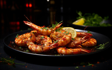 Exquisite Culinary Delight: Char-grilled tiger Prawns with Garnish