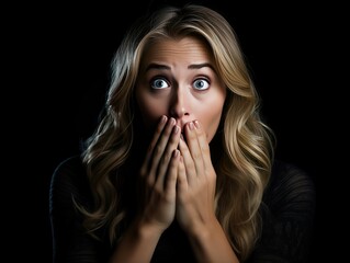 Surprised woman with wide eyes and hand covering mouth on a black background, expressing astonishment and surprise
