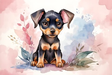 adorable, cute, funny, soft doberman dog in watercolor with big eyes, kids illustration	