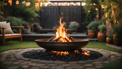 a fire pit on the luxury patio in the backyard - obrazy, fototapety, plakaty