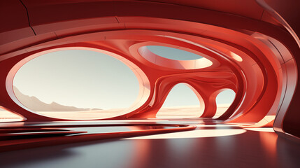 Open space red-colored futuristic architecture, 3D rendering with empty space for product presentation
