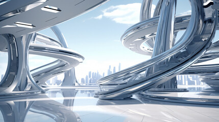 Open space futuristic architecture, 3D rendering with empty space for product presentation