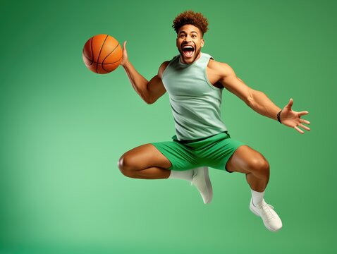 Exhilarated male athlete leaping in a sporty basketball outfit, celebrating victory with a high jump shot. Green background adds to the energetic and dynamic atmosphere