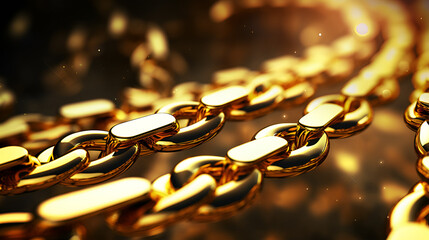Golden chain. Gold chain isolated on black background. Various designs of gold chain. Golden link binds chain, Massive golden braided chain on a dark background. Golden heavy metal chain texture