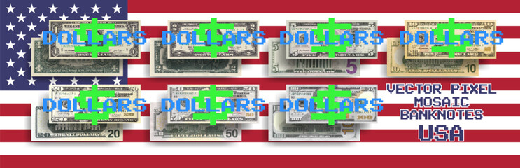 Vector set of pixel mosaic US banknotes. Collection of notes in denominations of 1, 2, 5, 10, 20, 50 and 100 dollars. Obverse and reverse. Play money or flyers.
