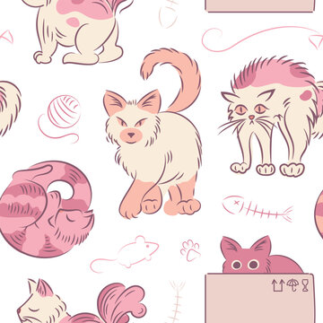 Seamless pink pattern of cats in different poses in sketch style. Fat cute cat lifestyle. Pets. The cat hissses, sleeps, hides sitting in box, walks. For fabric, wrapping, background. Fish bones
