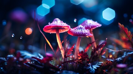 beautiful mushrooms with drops of water after rain in a forest clearing. - obrazy, fototapety, plakaty