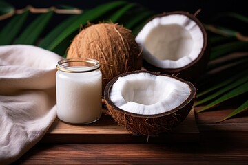Rich coconut oil in jar on a wooden serving board, surrounded by fresh coconuts and palm leaves