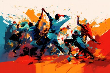 group dance illustration with splatters of vibrant colors, energetic dance moves and urban style - obrazy, fototapety, plakaty