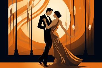 Elegant illustration of a couple ballroom dancing, warm orange tones classic dance hall ambiance - obrazy, fototapety, plakaty