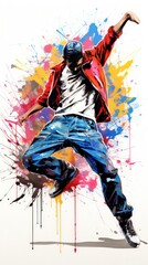 Dynamic male hip-hop dancer in mid-air, surrounded by an explosion of colorful splashes. - obrazy, fototapety, plakaty