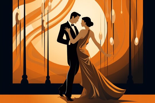 Elegant illustration of a couple ballroom dancing, warm orange tones classic dance hall ambiance