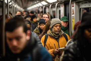 Fototapeta premium crowded subway car during peak commuting hours, highlighting the personal space of city life