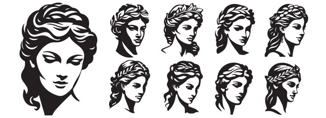 Set of female heads made in the style of black and white Greek logo depicting a statue, woman sculpture, black and white vector illustrations - obrazy, fototapety, plakaty