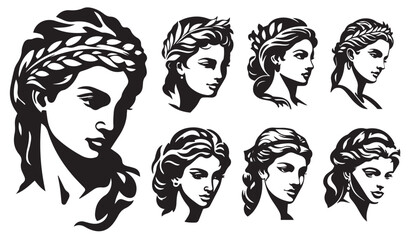 Set of female heads made in the style of black and white Greek logo depicting a statue, woman sculpture, black and white vector illustrations