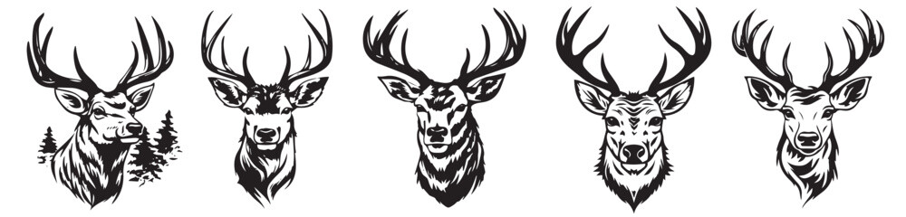 Set of deer heads with horns, trees and mountains, black and white vector illustrations