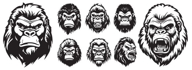 Set of angry gorilla and monkey heads, black and white illustrations