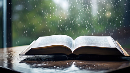 open book on the table at rainy day