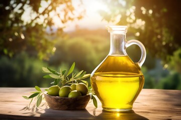 Golden olive oil in a classic pitcher with fresh olives on a rustic wooden table at sunset
