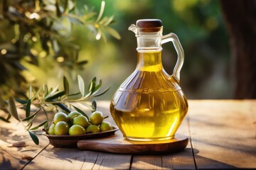 Illuminated olive oil pitcher and fresh olives on a rustic table, with a backdrop of olive trees