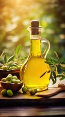 Golden olive oil in vintage glass jug with fresh olives on wooden tray, nature background.