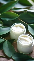 Obraz na płótnie Canvas Organic yellow beeswax and white skincare creams with olive branches, showcasing natural beauty.