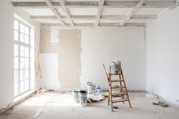 Renovation process in room with ladders, white walls, and painting equipment spread across floor