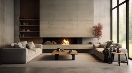 Minimalistic living room interior with a fireplace