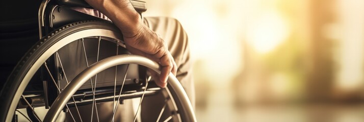 banner picture of an older man's hand on a wheelchair wheel, reflecting life with a disability - obrazy, fototapety, plakaty