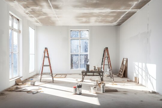 Home renovation with plastered ceiling and walls, ladders, and painting supplies in a room.