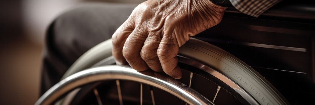 Close-up of an elderly hand gripping a wheelchair wheel, highlighting the challenges of mobility