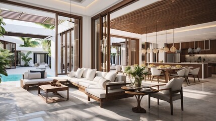 Luxury interior design in living room of pool villas. Airy and bright space with high raised ceiling and wooden dining table