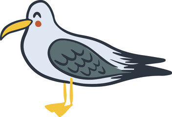 Childish hand drawn drawing of seagull. Funny sea bird in cartoon style. Summer holiday concept character. Perfect for sea style decoration, sticker. Kids illustration