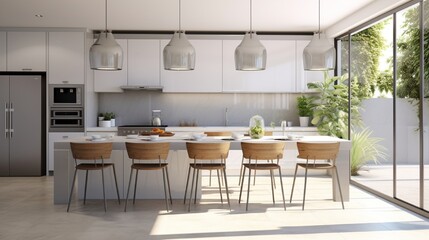Fototapeta na wymiar Luxury kitchen chairs and hanging lights with white walls in a modern house with the sunlight illumination to the ceramic counter beside a silver fridge