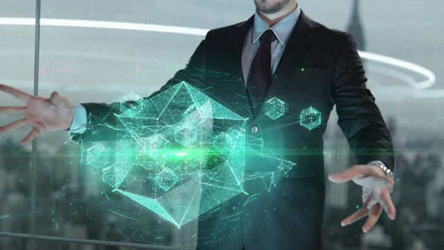 Businessman with Stay Focused hologram concept