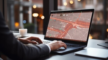 Man is working on a laptop and using a map to navigate his work