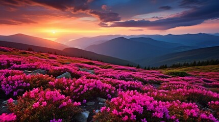 Summer sunset view in the Carpathians Carpet of flowering rhododendron flowers covered mountain ranges beneath a deep red sky.