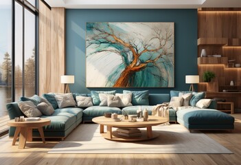 Contemporary Teal and Blue Living Room with Spacious and Well-lit Interior
