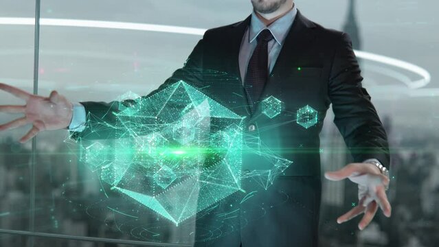 Businessman with Holistic Marketing hologram concept