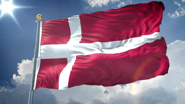 Denmark animated flag in the wind with blue sky