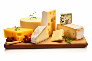 Variety of cheeses on a wooden plate, cutting board. Cheese serving. AI generated.