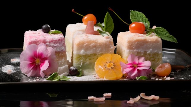food photography, yummy Mochi cake - like treats, 16:9