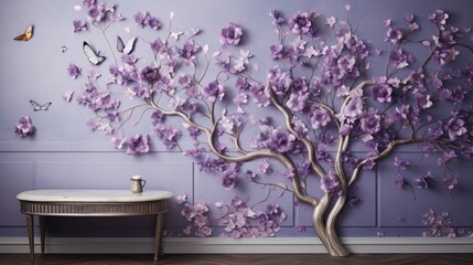 A 3D wallpaper featuring a vibrant floral tree with lavender flower leaves and a gleaming silver stem