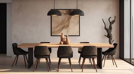 Minimalist composition of dining room interior with wooden table, design chairs, dried flowers in a vase, black pendant lamp, art paintings on the wall and elegant personal accessories
