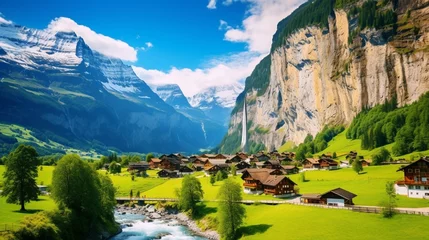 Tuinposter Sunny summer view of great waterfall in village Splendid outdoor scene in Swiss Alps, Traveling concept background. © Nazia
