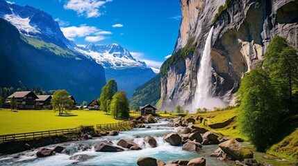 Sunny summer view of great waterfall in village Splendid outdoor scene in Swiss Alps, Traveling...